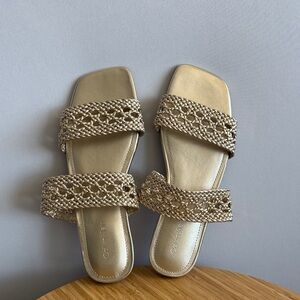 Calvin Klein Women's Braided Double-Strap Slide Sandals in Metallic Gold